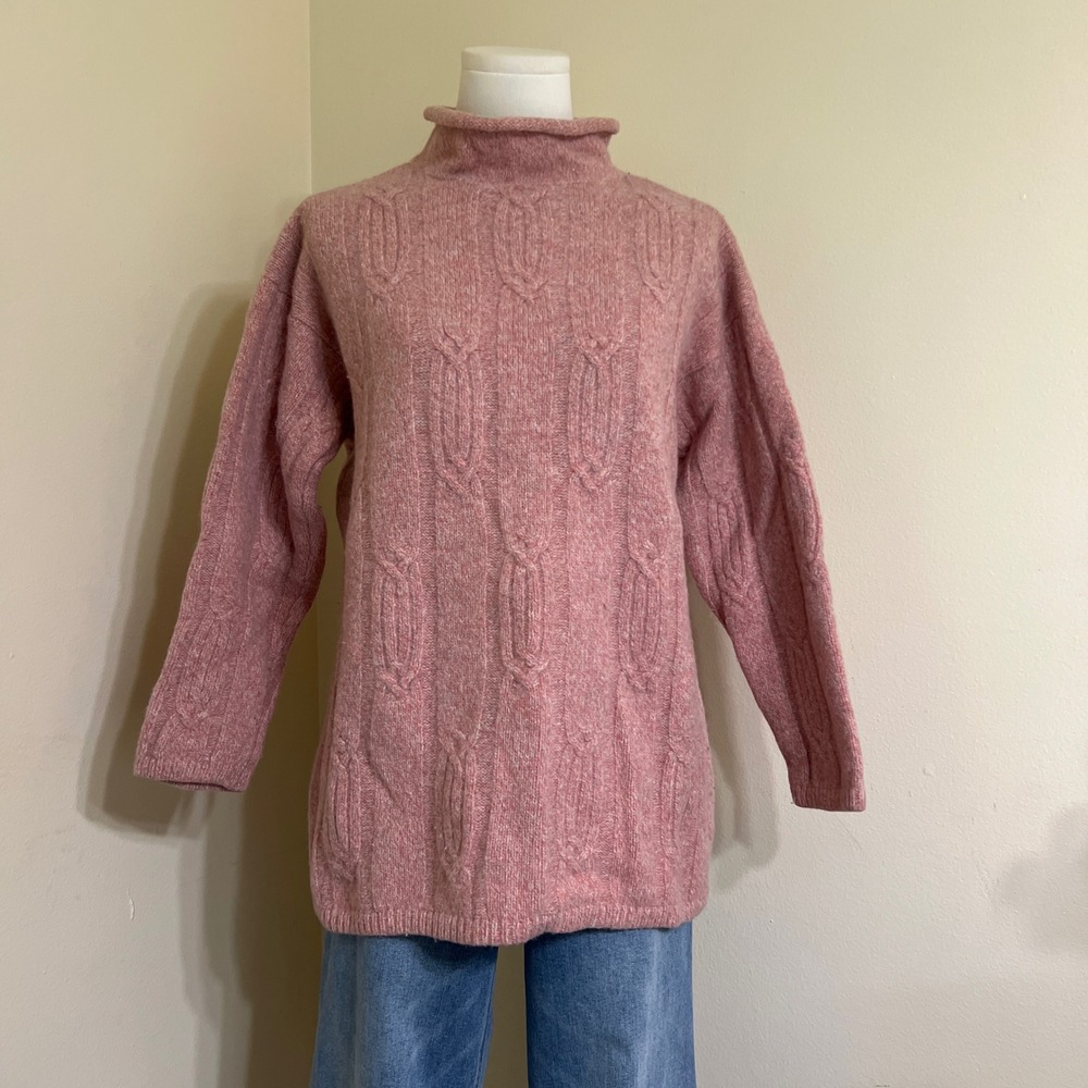The Lodge Vintage Pink Lambswool Angora Cable Knit Turtleneck Sweater Small